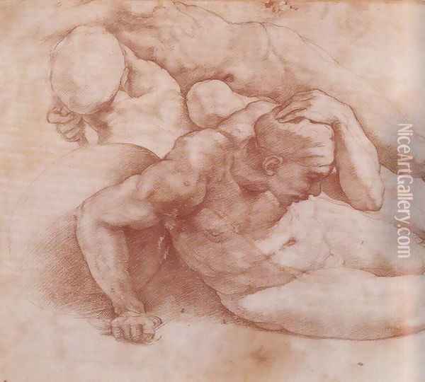Two Figures (Study for The Last Judgement) Oil Painting - Michelangelo Buonarroti