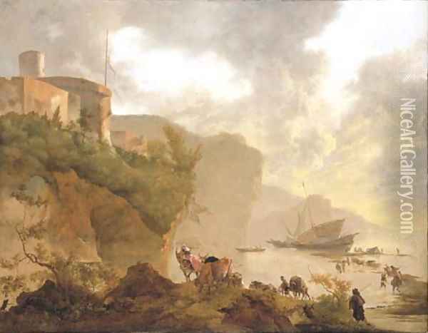A coastal landscape with stevedores unloading a ship, a castle beyond Oil Painting - Adam Pynacker
