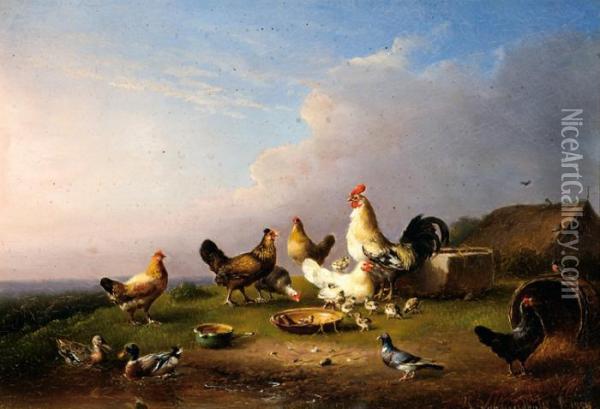 A Rooster, Hens And Chicks In A Landscape Oil Painting - Franz van Severdonck