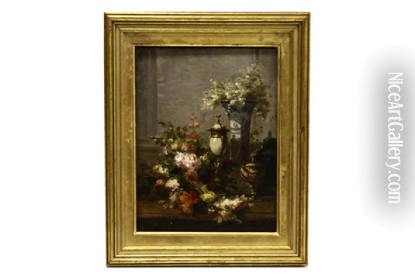 Still Life With Flowers And Gilt Chalices Oil Painting - Jean-Baptiste Robie