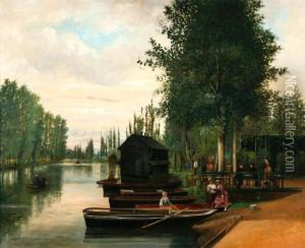 A Tranquil River Scene With Ladies By Aboat Oil Painting - Joseph Vola