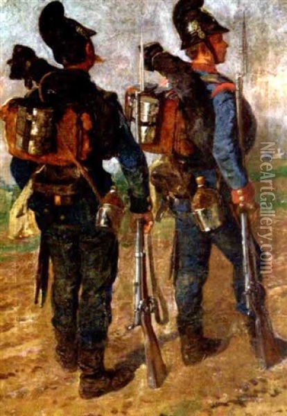 Zwei Soldaten Mit Tornister, Feldgeschirr Und Gewehr Auf Dem Marsch Oil Painting - Louis (Ludwig) Braun