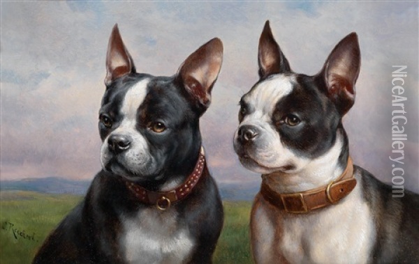 Zwei Franzosische Bulldoggen Vor Landschaftshintergrund Oil Painting - Carl Reichert