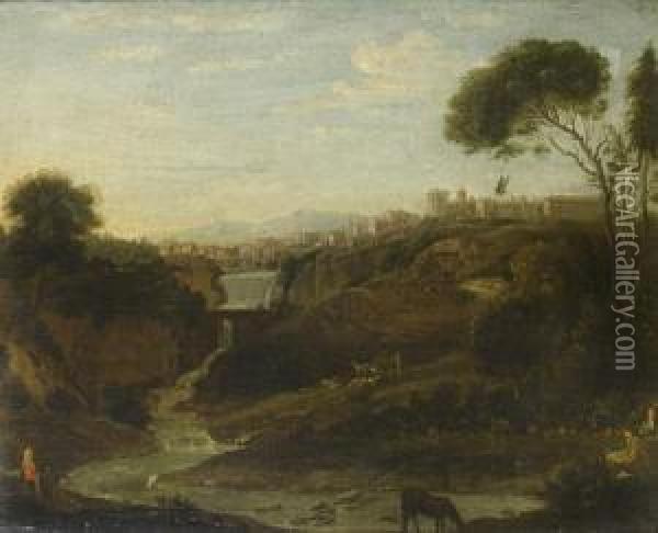 A View Of Tivoli With An Artist Sketching In The Foreground Oil Painting - (circle of) Wittel, Gaspar van (Vanvitelli)