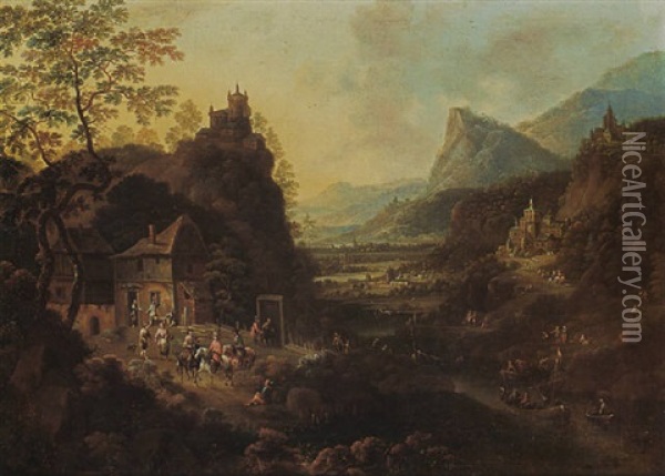 A Rhenish Mountainous River Landscape With Horsemen And Travellers Near An Inn With Castles And Villages Beyond Oil Painting - Jan Griffier the Elder
