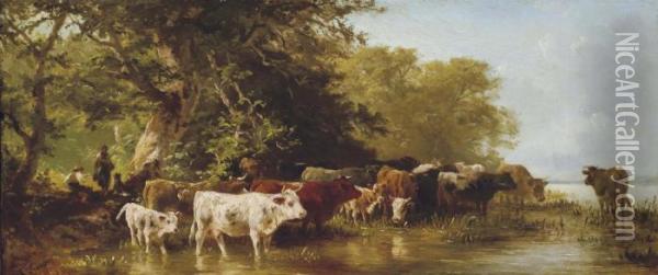 Troupeau De Vaches S'abreuvant Oil Painting - Constant Troyon