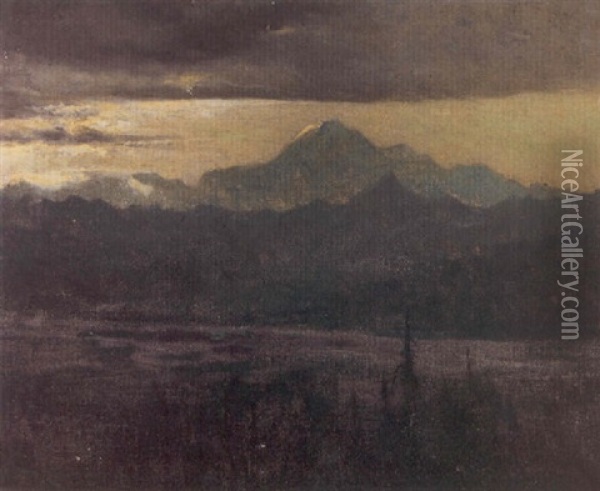 A View Of Mt. Mckinley At Midnight In June Oil Painting - Sydney Mortimer Laurence