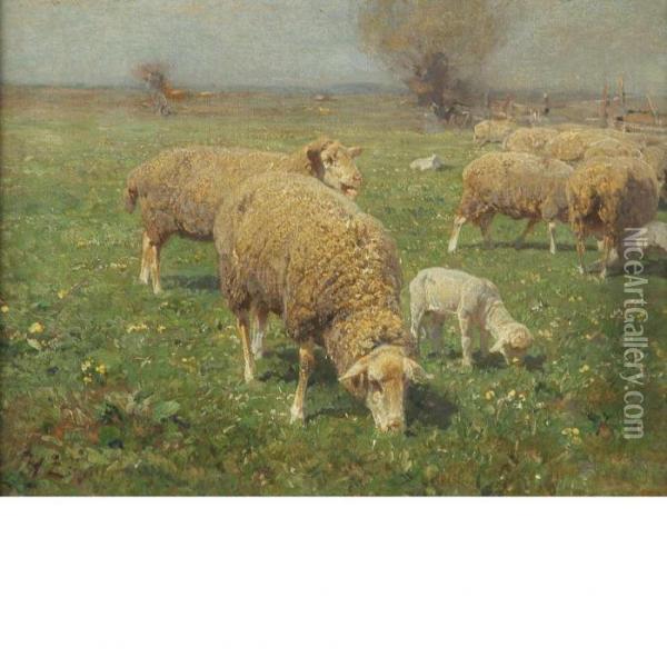 Sheep Grazing In A Pasture Oil Painting - Heinrich Johann Von Zugel