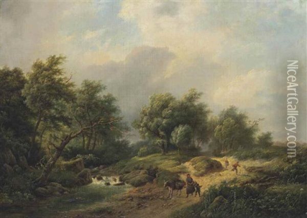 A Family On A Track With A Donkey Oil Painting - Marinus Adrianus Koekkoek