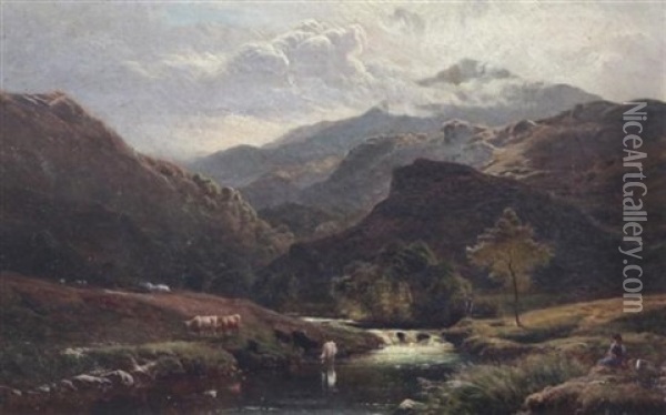 Figures And Cattle In River Landscapes (pair) Oil Painting - Sidney Richard Percy