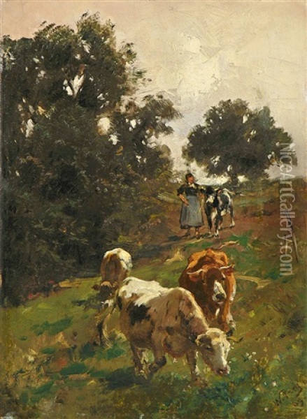 Hirtin Mit Kuhen Auf Dem Heimweg Oil Painting - Wilhelm Friedrich Frey