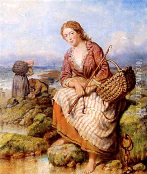 Pretty Fishergirl And Clam Diggers On The Coast Oil Painting - Isaac Henzell