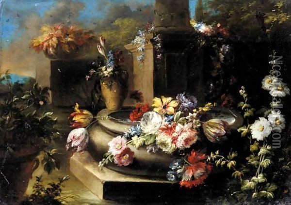 A Classical Garden With Flowers In A Stone Urn, Before A Column Oil Painting - Gasparo Lopez