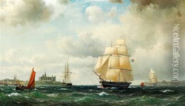 Seascape With A French Frigate And Numerous Sailing Ships Off Kronborg Castle Oil Painting - Vilhelm Melbye