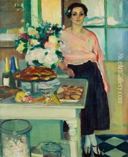 Portrait Presume De Madame Senequier Dans Sa Patisserie A Saint-tropez Oil Painting - Henri Ottmann