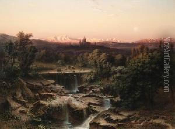 An Extensive River Landscape 
With The Escorial And The Sierra Deguadarrama Mountains Beyond Oil Painting - Friedrich Bamberger