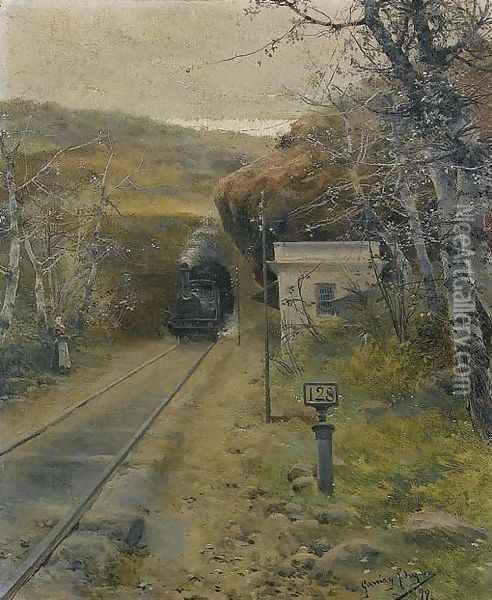 The steam train Oil Painting - Manuel Garcia y Rodriguez