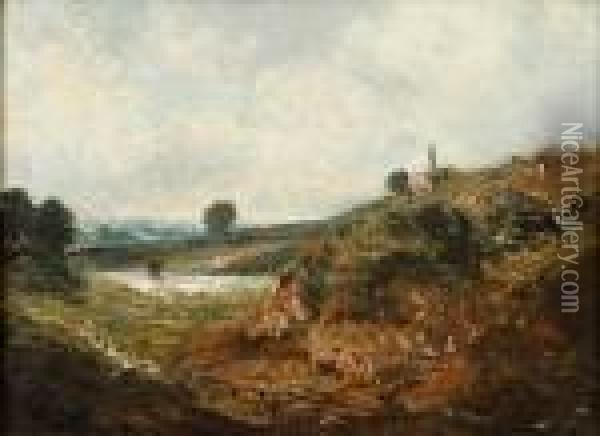 A Hilly Windswept Landscape Oil Painting - John Constable