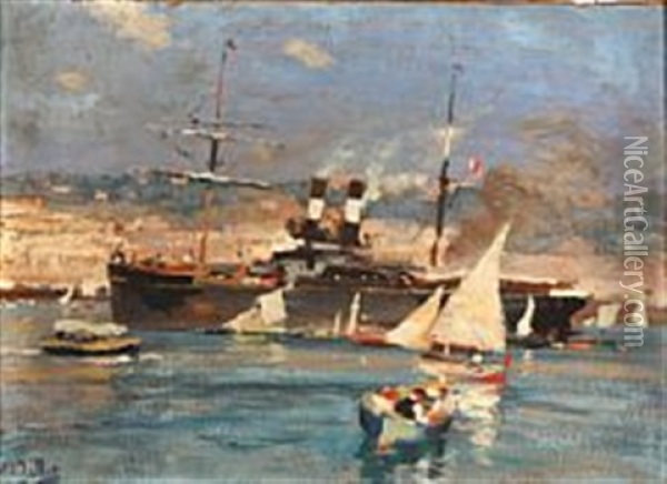 Traffic In A Harbour Oil Painting - Eugene Louis Gillot