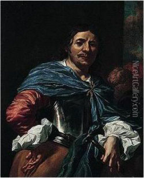 Portrait Of An Officer, Half Length, Holding An Axe In One Hand Oil Painting - Niccolo Renieri (see Regnier, Nicolas)