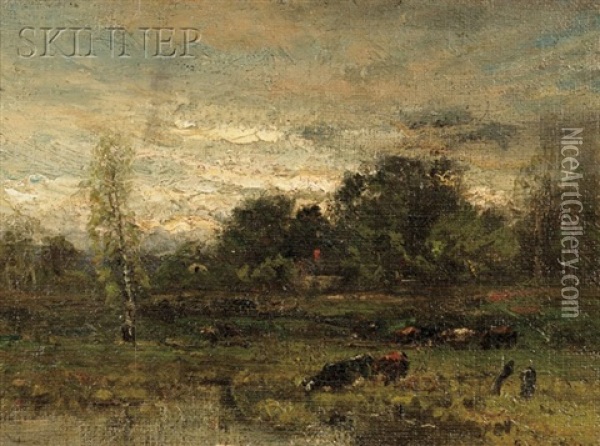 Cows Watering At Dusk Oil Painting - John Joseph Enneking