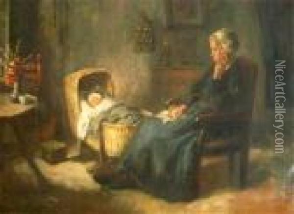 Interior Of A Women With A Baby In A Crib Oil Painting - Bernard Johann De Hoog