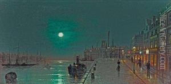 Dock Scene By Moonlight Oil Painting - Wilfred Jenkins