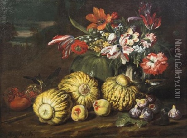 Nature Morte (still Life With Fruit And Crow) Oil Painting - Abraham Brueghel