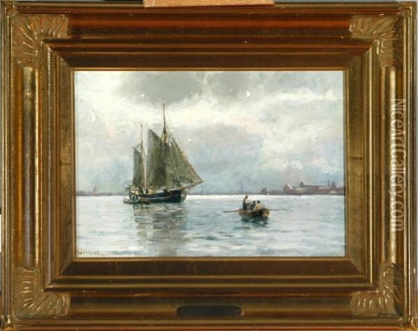 A Marine With A Two-mastered Schooner Plus Two Bumboats In Copenhagen Harbour Oil Painting - Holger Peter Svane Lubbers