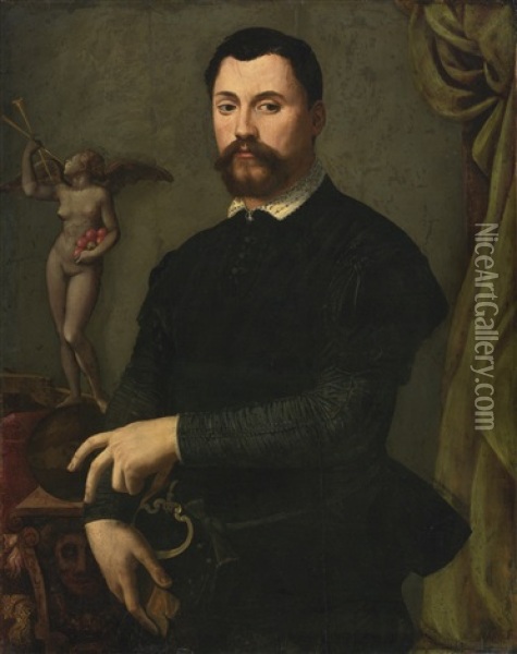 Portrait Of Tommaso De'bardi, Half Length, In A Black Doublet And Hose With A Statue Of Fame Oil Painting - Alessandro di Cristofano Allori