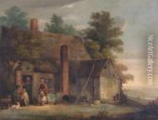 Travellers Outside The Bell Inn Oil Painting - George Morland