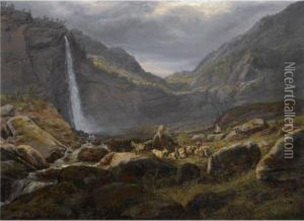 Utsyn Fra Feigumfossen I Lysterfjorden Oil Painting - Johan Christian Clausen Dahl