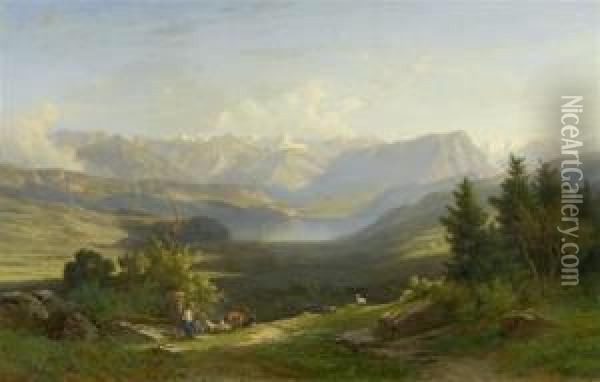Mountain Landscape With Two Herdsmen Oil Painting - Jakob Joseph Zelger