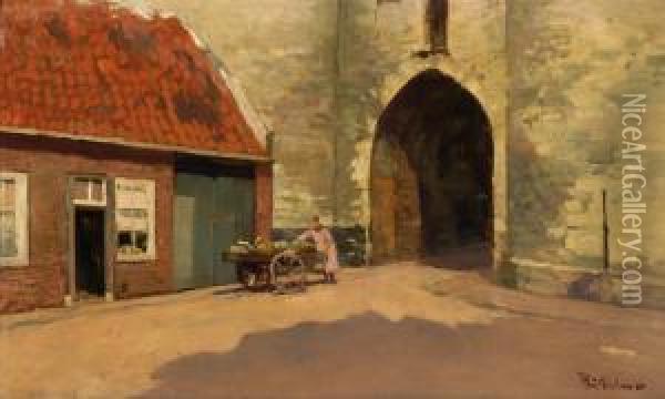 A Woman With A Vegetable Cart In A Village Street Oil Painting - Jacob Ritsema