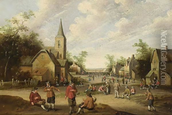 A Village Scene With Figures Conversing Oil Painting - Joost Cornelisz. Droochsloot