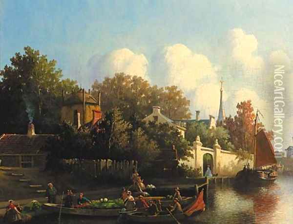 A village scene Merchants in rowing boats Oil Painting - Joseph Bles