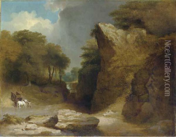 The Ford - A Mountainous River Landscape With A Figure With A Wagonand Horses At A Ford Oil Painting - James Arthur O'Connor