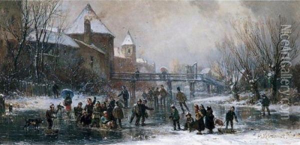 Schlittschuhlaufer (skaters On A Frozen River) Oil Painting - Adolf Stademann
