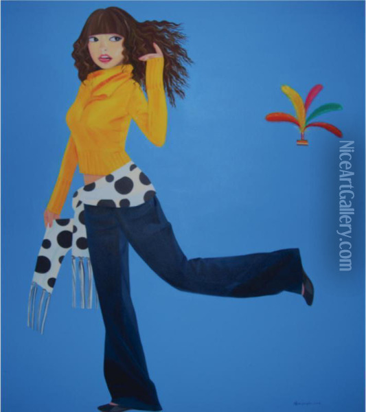Playful Girl Kicking Featherball Oil Painting - Yang Fa