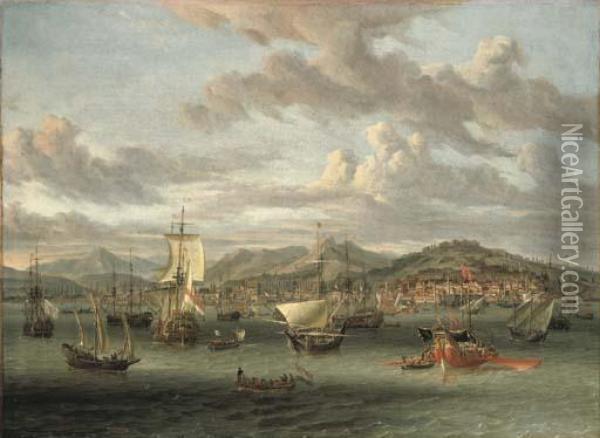 Dutch Shipping Off The Bay Of Smyrna With A State Barge Oil Painting - Abraham Storck