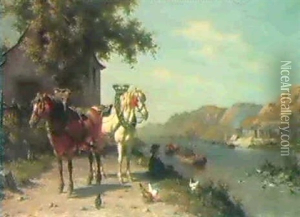 Paarden Aan De Rivier Oil Painting - Willem Jacobus Boogaard