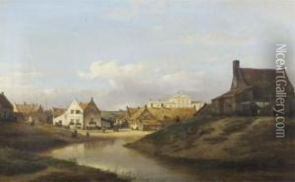 A View Of Katwijk Village With The Groot Badhotel In The Background Oil Painting - Kasparus Karsen