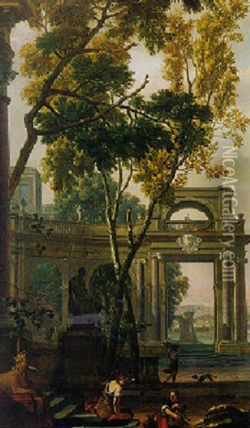 Figures In A Landscape With Classical Ruins Oil Painting - Isaac de Moucheron