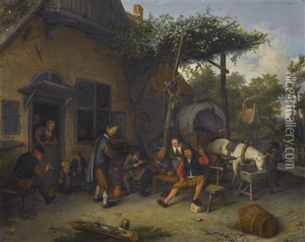 Peasants Smoking, Drinking And Making Music Before An Inn Oil Painting - Adriaen Jansz van Ostade