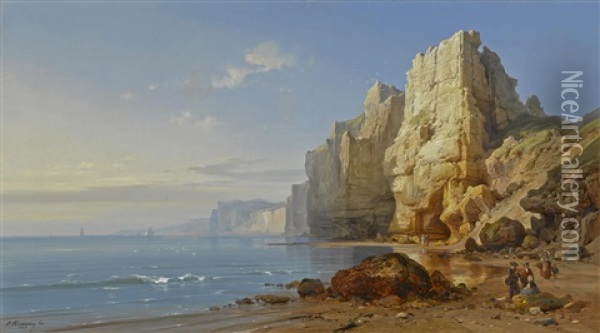A View Of Coastal Cliffs With Figures In The Foreground Oil Painting - Charles Euphrasie Kuwasseg