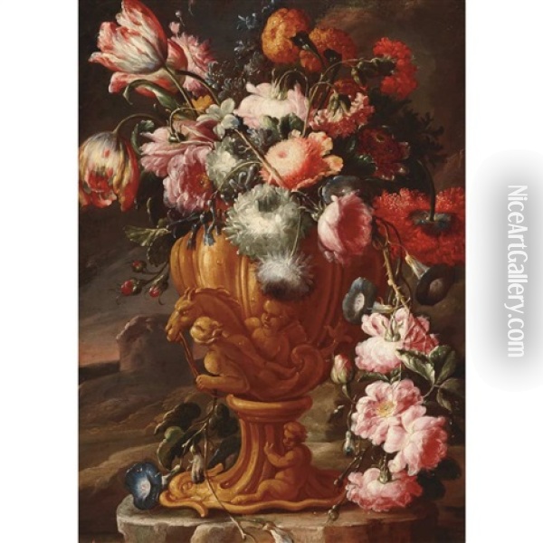 Tulips, Roses, Carnations And Other Flowers In A Baroque Vase On A Ledge Oil Painting - Bartolome Perez