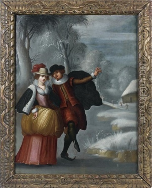 Couple De Patineurs Oil Painting - Louis de Caullery