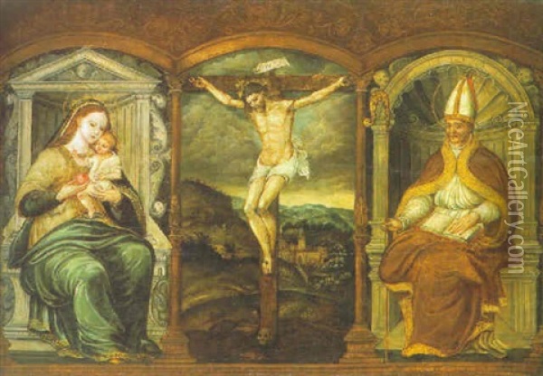 Christus Am Kreuz, Im  Hintergrund Eine Altniederlandische Landschaft Oil Painting - Pedro Campana