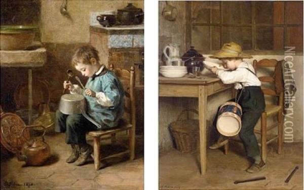 Les Petits Tambours (pair, One In 1859) Oil Painting - Pierre Edouard Frere