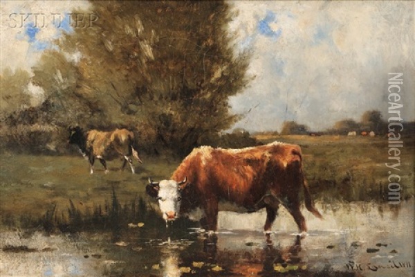 Cows Watering Oil Painting - Wilbur H. Lansil